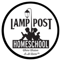 Boy and girl reading books sitting under a lamp post. Words "Lamp Post Homeschool" and tagline: "Where wisdom is at home"